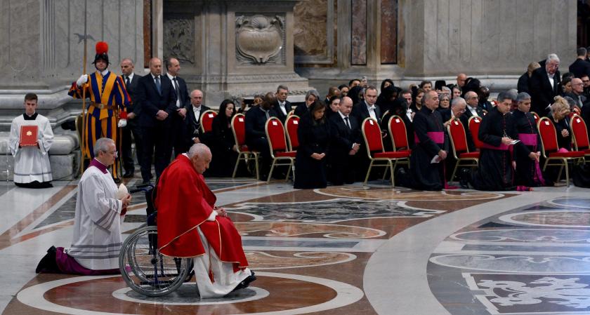 Pope Francis (R) celebrates Good Friday Mass for the Passion of the Lord at St. Peter's Basilica in the Vatican, 29 March 2024. EPA/ETTORE FERRARI
