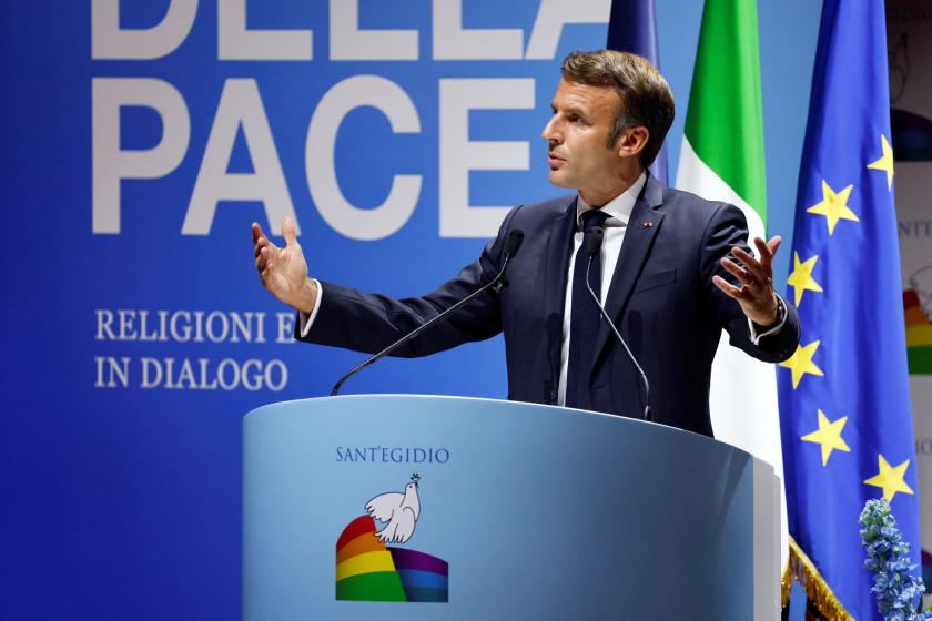 President Macron houdt een toespraak op 23 oktober 2022 tijdens de conferentie ‘Schreeuw om vrede’ in La Nuvola in de Romeinse wijk EUR.
