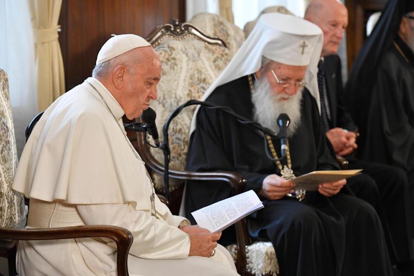  A handout picture provided by the Vatican Media shows Pope Francis (L) and Patriarch Neophyte, head of the Bulgarian Orthodox Church, during their meeting, in Sofia, Bulgaria, 05 May 2019. Pope Francis is visiting Bulgaria and North Macedonia from 05 to 07 May; his 29th Apostolic Journey abroad. EPA/VATICAN MEDIA