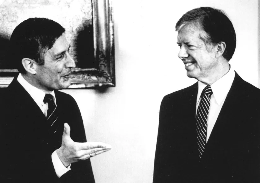 7 December 1979: President Carter meets with Prime Minsiter Andreas Van Agt of the Nethelands at the White House told him he wants a consenxus in the Atlantic Alliance¬s forthcoming decisions on arms control and theater nuclear force modernization.