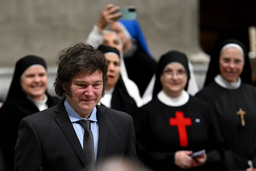 Argentina's President Javier Milei (L) arrives prior to Pope Francis presides over Holy Mass and canonisation of Blessed Maria Antonia of Saint Joseph de Paz y Figueroa at the Vatican on February 11, 2024. Filippo MONTEFORTE / AFP