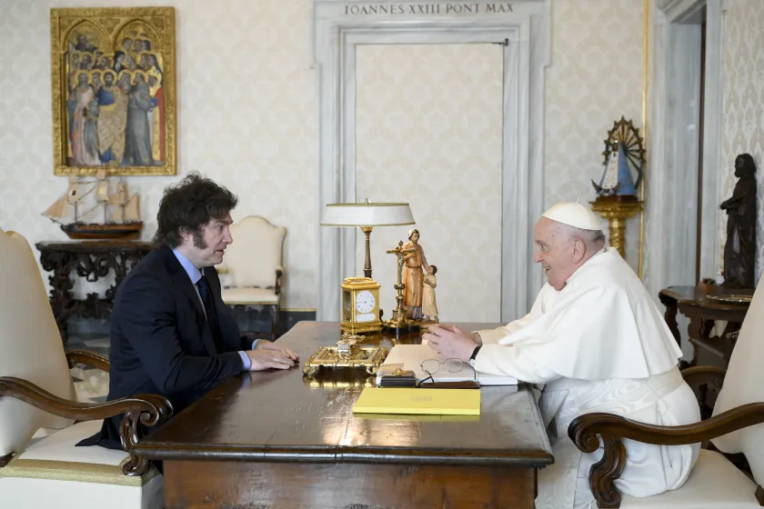 This photo taken and handout on February 12, 2024 by The Vatican Media shows Pope Francis during a private audience with Argentinian President Javier Milei in The Vatican.  Handout / VATICAN MEDIA 