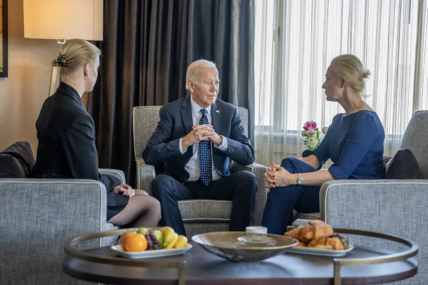 In this photo courtesy of The White House, obtained on February 22, 2024, US President Joe Biden (C) meets with Yulia Navalnaya (R), widow of Kremlin opposition leader Alexei Navalny, who died last week in a Russian prison, and daughter Dasha Navalnaya (L) in San Francisco, California. HANDOUT / WHITE HOUSE / AFP