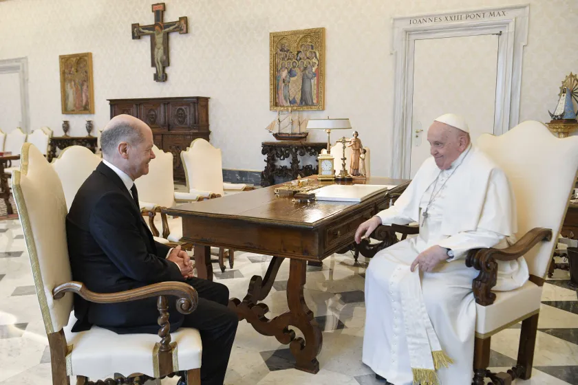 This photo taken and handout on March 02, 2024 by The Vatican Media shows Pope Francis during a private audience with German Chancellor, SPD Olaf Scholz in The Vatican.